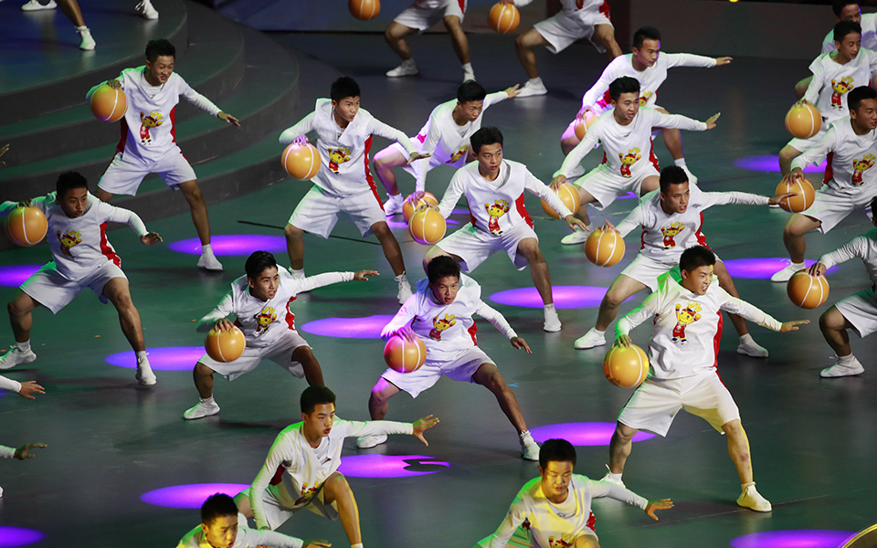 epa07804555 Performers perform during the FIBA Basketball World Cup 2019 opening ceremony at the Beijing National Aquatics Center or Water Cube in Beijing, China, 30 August 2019. EPA/HOW HWEE YOUNG