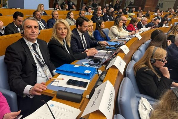 Ρ. Δούρου και άλλοι σύνεδροι σε αίθουσα συνεδριάσεων, συζητώντας για το νερό ως δημόσιο αγαθό.
