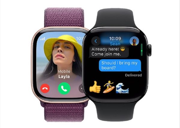 Δύο Apple Watch δείχνουν τη συνδεσιμότητα μέσω κινητής, με μια γυναίκα σε βιντεοκλήση και μηνύματα κειμένου.