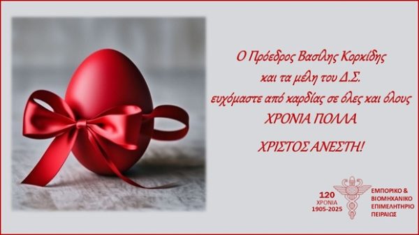 Κόκκινο πασχαλινό αυγό με φιόγκο και ευχές από τον πρόεδρο Βασίλη Κορκίδη για την Πασχαλινή αγορά.