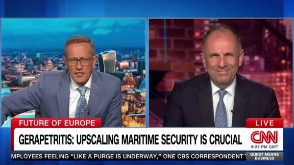 Ο Γ. Γεραπετρίτης συζητά στο CNN για την αναβάθμιση της θαλάσσιας ασφάλειας και τη σημασία του παγκόσμιου εμπορίου.