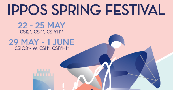 Γραφικό για το Ippos Spring Festival 2025 που περιλαμβάνει ημερομηνίες και κατηγορίες ιππικών αγώνων.