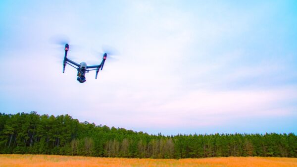 Ένα drone πετάει πάνω από ένα χωράφι με χρυσάρι και ένα δάσος, υποδηλώνοντας τη νέα τουρκική απειλή.