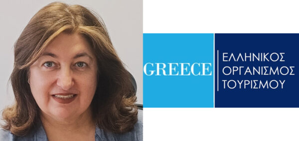 Η κα Αγγελική Βαρελά, νέα Πρόεδρος του ΕΟΤ, με το λογότυπο του Οργανισμού Ελληνικού Τουρισμού.