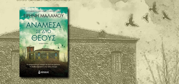 Το εξώφυλλο του βιβλίου "Ανάμεσα σε δύο θεούς" της Ειρήνης Μαλαμού με ένα σπίτι και πουλιά στον ουρανό.