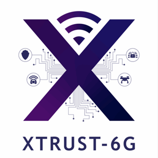 Το λογότυπο XTRUST-6G συμβάλλει στην κυβερνοασφάλεια των ευφυών ενεργειακών υποδομών με σύμβολα ασφάλειας και δικτύωσης.