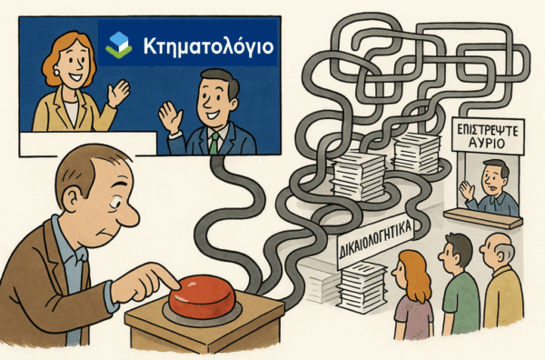 Εικονογράφηση που δείχνει την πολυπλοκότητα της μεταβίβασης ακινήτου στο Κτηματολόγιο, παρά την υπόσχεση για απλοποίηση.