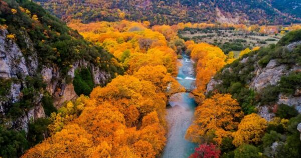 Η Ελλάδα το φθινόπωρο παρουσιάζει ένα εντυπωσιακό τοπίο με ποτάμι και δέντρα σε έντονα χρώματα.