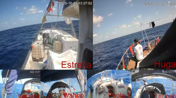 Στιγμιότυπα από τον στολίσκο «Global Sumud Flotilla» που κατευθύνεται προς τον προορισμό του, με τα ονόματα των πλοίων να αναγράφονται.