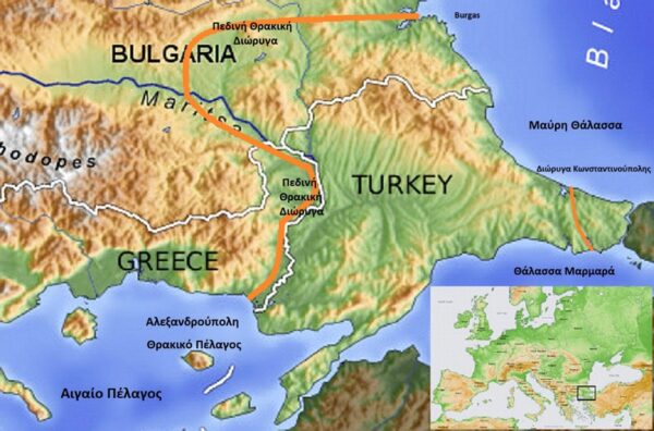 Χάρτης που δείχνει τη διαδρομή της Πεδινής Θρακικής Διώρυγας από τη Βουλγαρία προς την Αλεξανδρούπολη.