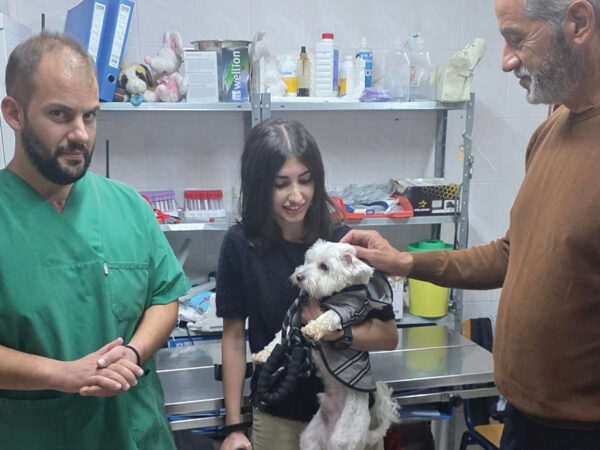 Φοιτήτρια που τραυματίστηκε στα Τέμπη με το σκυλάκι της στο ΔΙΚΕΠΑΖ, μαζί με κτηνίατρο και άνδρα.