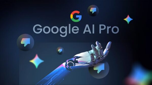 Ρομποτικό χέρι με το λογότυπο Google AI Pro και εικονίδια, που σχετίζονται με την Τεχνητή Νοημοσύνη.