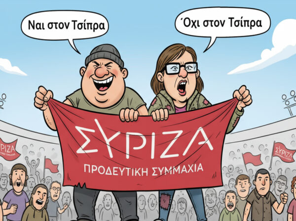 Δύο άτομα κρατούν πανό του ΣΥΡΙΖΑ, εκφράζοντας διαφορετικές απόψεις για τον Τσίπρα στα στρατόπεδα της Κουμουνδούρου.
