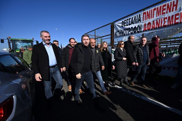 Ο Νίκος Ανδρουλάκης με άλλους πολιτικούς και αγρότες σε συγκέντρωση διαμαρτυρίας για τον πρωτογενή τομέα.