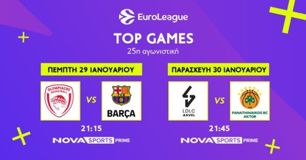 Ανακοίνωση αγώνων EuroLeague Ολυμπιακός – Μπαρτσελόνα και Βιλερμπάν – Παναθηναϊκός AKTOR στο Novasports.