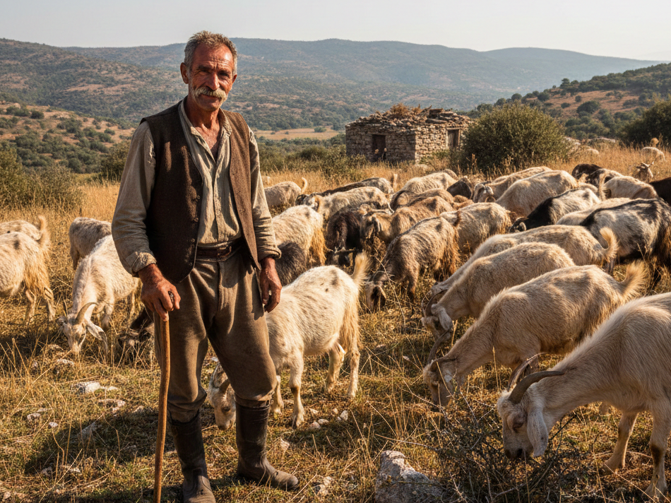 Ένας βοσκός με το κοπάδι του από αιγοπρόβατα σε αγροτική περιοχή της Ελλάδας, σχετικό με την ευλογιά των αιγοπροβάτων.