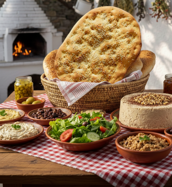 Λαγάνα με σουσάμι σε ψώρινο καλάθι, συνοδευόμενη από μεζέδες και σαλάτα, με παραδοσιακό φούρνο στο βάθος.