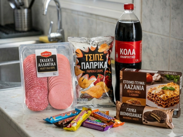 Συσκευασμένα αλλαντικά, πατατάκια, αναψυκτικό, έτοιμο γεύμα λαζάνια και γλυκά αποτελούν υπερεπεξεργασμένα τρόφιμα.