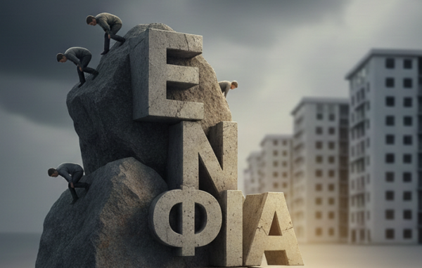 Άνθρωποι προσπαθούν να μετακινήσουν βράχο με γράμματα ΕΝΦΙΑ και Ε9, συμβολίζοντας την ανάγκη για μείωση του φόρου.