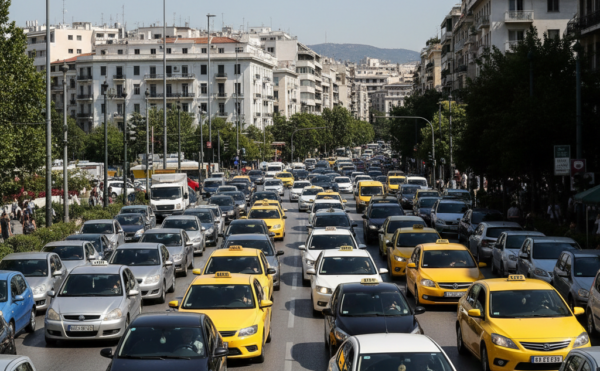 Πορεία ταξί στο κέντρο της Αθήνας, με ακινητοποιημένα οχήματα να προκαλούν κυκλοφοριακό κομφούζιο κατά την απεργία.