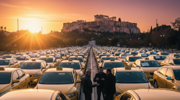 Πλήθος ταξί παρατάσσονται στην Αθήνα, με την Ακρόπολη στο φόντο, κατά τη διάρκεια της 48ωρης απεργίας τους.