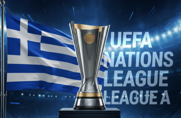 Η Εθνική Ελλάδας στο Nations League με το τρόπαιο και τη σημαία της χώρας, μετά από κλήρωση που την έφερε στην ελίτ.