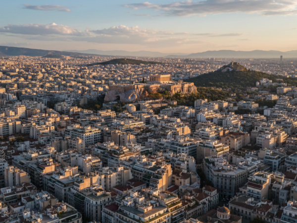 Αεροφωτογραφία της Αθήνας με την Ακρόπολη στο ηλιοβασίλεμα, όπου χιλιάδες δανειολήπτες δικαιώνονται από τον Άρειο Πάγο.