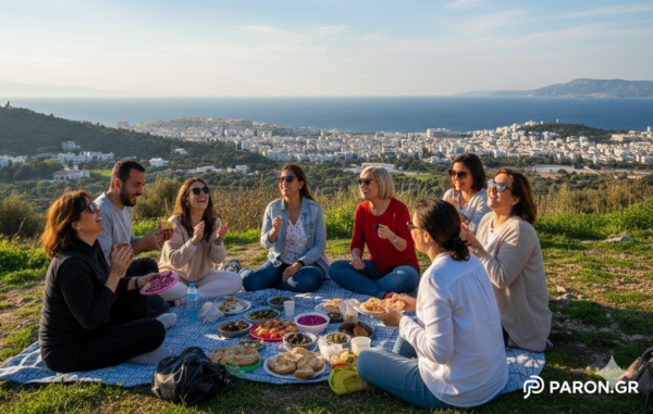 Ομάδα φίλων απολαμβάνει πικνίκ με ηλιοφάνεια και θέα στην πόλη, καθώς ο καιρός της εβδομάδας αναμένεται να βελτιωθεί.