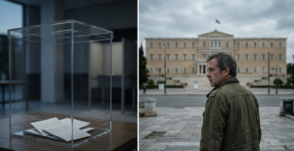 Δείχνει την απώλεια εμπιστοσύνης των πολιτών στους πολιτικούς και την αντισυστημική ψήφο με ένα άδειο παραβάν και έναν άνδρα μπροστά από τη Βουλή.