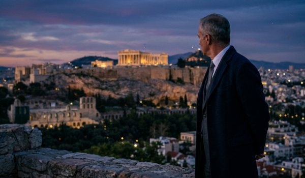 Άνδρας με κοστούμι κοιτάζει την Ακρόπολη και την Αθήνα το σούρουπο, αναφορικά με τη συσπείρωση γύρω από τη σημαία.