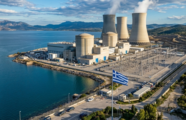 Πυρηνικός σταθμός παραγωγής ενέργειας με τις χαρακτηριστικές ψυκτικούς πύργους και την ελληνική σημαία να κυματίζει.