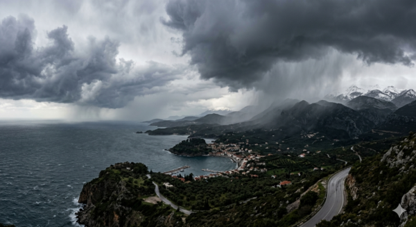 Άστατος ο καιρός το τριήμερο με έντονη βροχή και χιόνια στα ορεινά, δημιουργώντας δραματικό τοπίο.