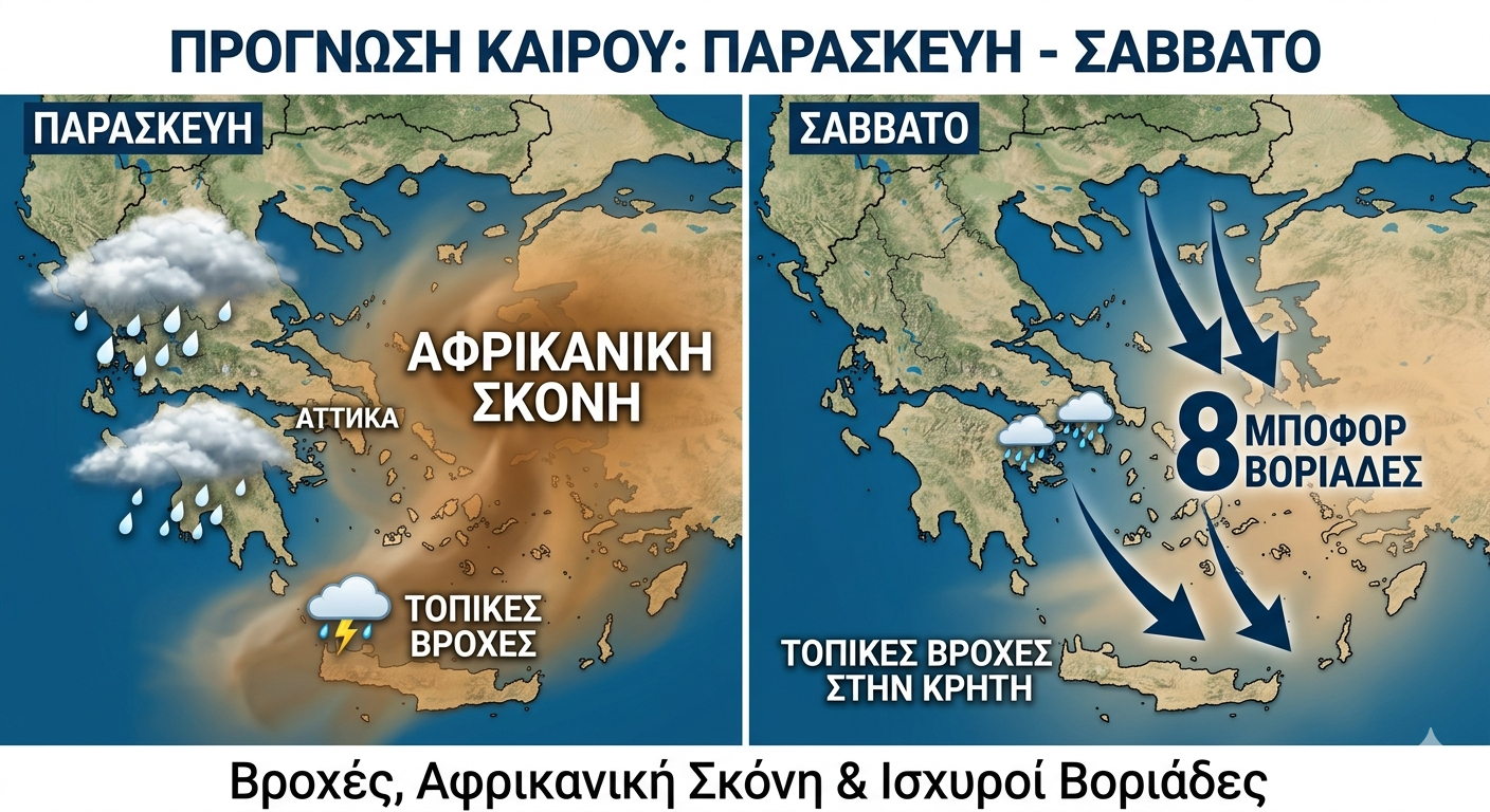 Ο Καιρός Παρασκευή και Σάββατο: Βροχές, Αφρικανική Σκόνη και Ισχυροί Βοριάδες έως 8 Μποφόρ