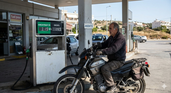 Άνδρας με μοτοσικλέτα σε πρατήριο καυσίμων, με τις τιμές βενζίνης και πετρελαίου να είναι εμφανείς στην οθόνη.