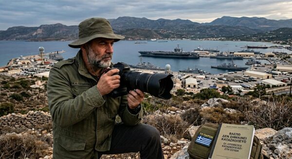 Ο Κ.Α. Γαυδιώτης με φωτογραφική μηχανή στο χέρι, παρακολουθεί το λιμάνι και τα πλοία, βλέποντας και όχι κατασκοπεύοντας.