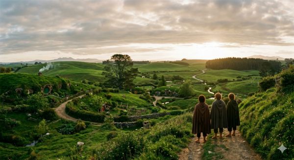Τρεις φίλοι περπατούν στο Shire, το χωριό του Tolkien, στο πλαίσιο του "The Lord of the Rings: Shadow of the Past".