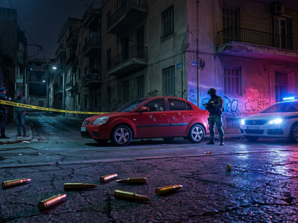 Σκηνή εγκλήματος σε δρόμο της Ελλάδας με αυτοκίνητο γεμάτο σφαίρες και αστυνομικούς, που παραπέμπει σε μαφιόζικη συμπλοκή.