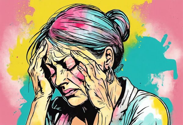Γυναίκα με ημικρανία και χέρια στα μάτια, απεικονίζοντας την ορμονική επίδραση και το κενό στη διάγνωση.