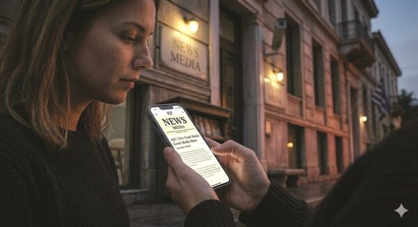 Γυναίκα διαβάζει ειδήσεις σε κινητό μπροστά από κτίριο με επιγραφή "NEWS MEDIA" στην Ελλάδα.