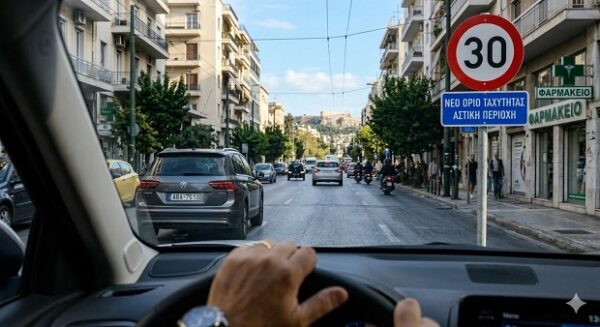 Σήμα νέου ορίου ταχύτητας 30 χλμ/ώρα σε αστική περιοχή, με αυτοκίνητα και μοτοσικλέτες να κινούνται στον δρόμο.