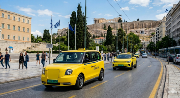 Κίτρινα ηλεκτρικά ταξί κινούνται στον δρόμο με φόντο την Ακρόπολη, ενισχύοντας την εικόνα του ψηφιακού κράτους.