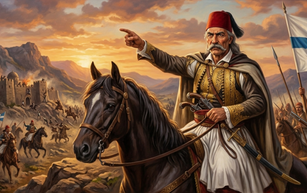 Ο Θεόδωρος Κολοκοτρώνης, ο «Γέρος του Μοριά», οδηγεί τους άνδρες του σε μάχη, με φόντο ένα κάστρο και πολεμιστές.
