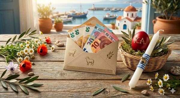 Φάκελος με χρήματα για το Δώρο Πάσχα, πασχαλινά αυγά και λαμπάδες σε ξύλινο τραπέζι με θέα θάλασσα.