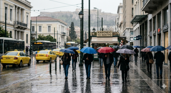 Πεζοί με ομπρέλες περπατούν σε βροχερό δρόμο της Αθήνας, ενώ ο καιρός παραμένει άστατος.