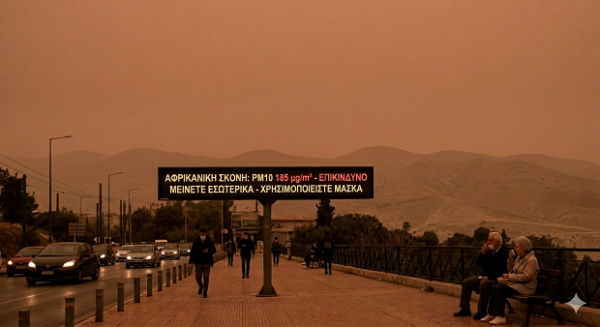 Προειδοποιητική πινακίδα για αφρικανική σκόνη σε δρόμο πόλης, με οδηγίες για την προστασία των πολιτών.