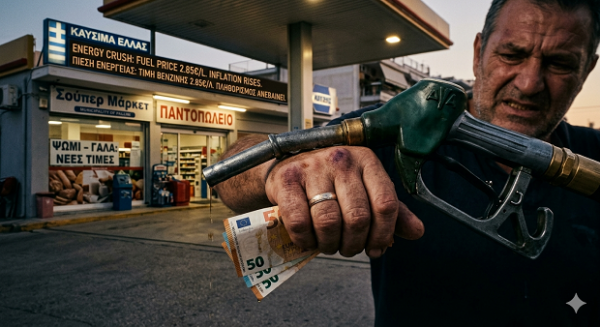 Άνθρωπος κρατάει ακροφύσιο βενζίνης και χαρτονομίσματα ευρώ, συμβολίζοντας την έκρηξη τιμών και τον πληθωρισμό.
