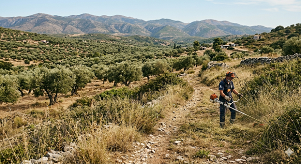 Άνθρωπος με χλοοκοπτικό εργάζεται σε αγροτική περιοχή με ελαιόδεντρα, φορτώνοντας τον λαό με νέα έξοδα.