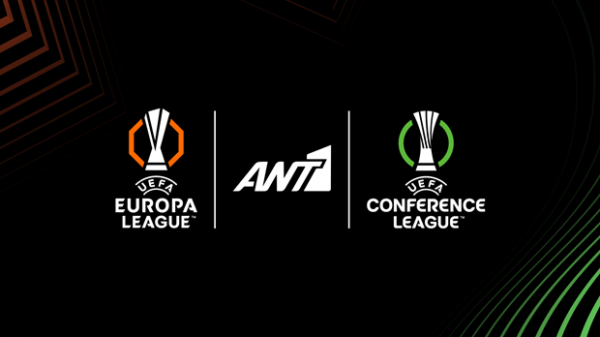 Λογότυπα UEFA Europa League και UEFA Conference League μαζί με το λογότυπο του ANT1 για τους επερχόμενους τελικούς.