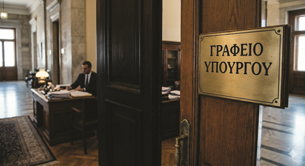 Εισαγγελική έρευνα για τους μετακλητούς υπαλλήλους, με τον υπουργό να εργάζεται στο γραφείο του.