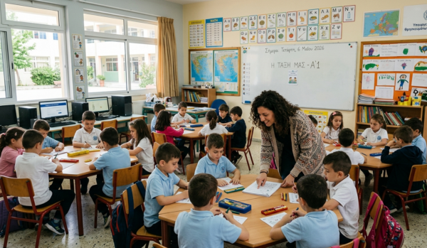 Μαθήματα στην Α΄ Δημοτικού με παιδιά να γράφουν και τη δασκάλα να τους επιβλέπει, ολοκληρώθηκαν οι ψηφιακές εγγραφές.
